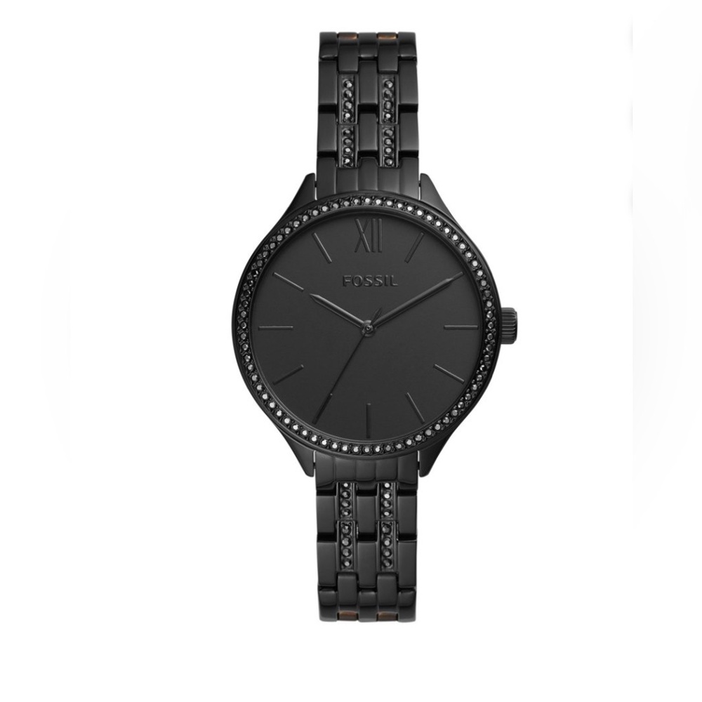 36mm Suitor, black satin dial, three-hand movement matching stainless bracelet.